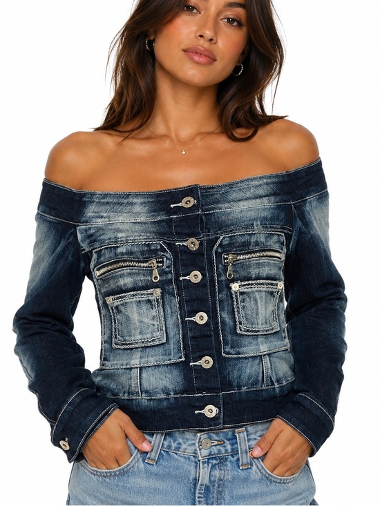 Redial Jackets & Blazers - Y2K Off The Shoulder Denim Jacket